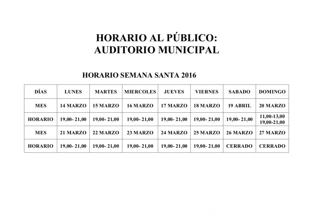 HORARIO SEMANA SANTA AUDITORIO 2016